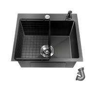 OUBUBY Évier Cuisine 1 Bac 40×45cm, Évier Noir Evier de Cuisine En Granit Trous Pour Robinets et Distributeur de Savon et Panier Télescopique Évier Encastrable 201 Acier Inox Avec Kit de Vidage