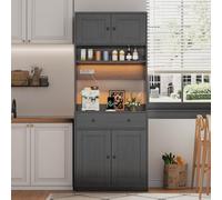 OUEEEDD Buffet Haut Cuisine Vaisselier 180cm, Meuble de Rangement Armoire Cuisine, LED RGB Contrôlable par App, 2 Prises AC 2 USB, Grand Tiroir Porte-Épices Plan de Travail, Noir, 72 x 40 x 180 cm