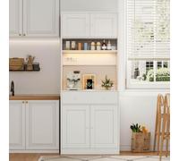 OUEEEDD Buffet Haut Cuisine Vaisselier 180cm, Meuble de Rangement Armoire Cuisine, LED RGB Contrôlable par App, 2 Prises AC 2 USB, Grand Tiroir Porte-Épices Plan de Travail, Blanc, 72 x 40 x 180 cm