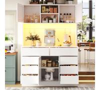 OUEEEDD Buffet Haut Cuisine Vaisselier,8 Tiroirs Étagères Réglables, Meuble de Rangement avec Plan de Travail 92 cm, LED Multicolore USB Fermeture Magnétique, Armoire Cuisine, Blanc, 120x40x183,5cm