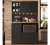 OUEEEDD Buffet Haut Cuisine Vaisselier, Meuble de Rangement avec Espace Micro-Ondes, LED App Contrôlable, 2 Prises AC 2 USB, 2 Tiroirs Étagères Réglables Porte-Épices, Noir, 100 x 40 x 163 cm