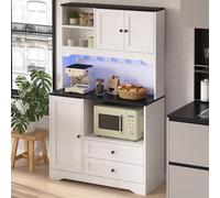 OUEEEDD Buffet Haut Cuisine Vaisselier, Meuble de Rangement avec Espace Micro-Ondes, LED App Contrôlable, 2 Prises AC 2 USB, 2 Tiroirs Étagères Réglables Porte-Épices, Blanc, 100 x 40 x 163 cm