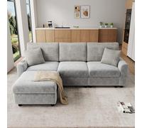 OUEEEDD Canapé 3 Places Chenille Velours Côtelé, Pouf Mobile, USB, Gris | 2 coussins carrés, assise mousse & ressorts ensachés, 150 kg, pour 3-4 pers, salon design et loft industriel