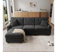 OUEEEDD Canapé 3 Places Chenille Velours Côtelé, Pouf Mobile + USB, Noir | 2 coussins carrés, assise mousse & ressorts ensachés, 150 kg, pour 3-4 personnes, salon design et loft industriel