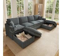 OUEEEDD Canapé Angle Modulable 4 Places, 2 Poufs Rangement, USB, Gris | Assise mousse haute élasticité & ressorts ensachés, tissu coton-lin, coussins amovibles, 150kg, salon industriel moderne