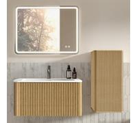 OUEEEDD Ensemble Meuble Salle de Bain 4 Pièces, avec Miroir LED Intelligent Carré, Meuble sous Vasque 80 cm, Lavabo en en Fonte Minéral, Colonne Latérale, Montage Mural, Finition Chêne