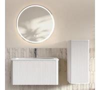 OUEEEDD Ensemble Meuble Salle de Bain 4 Pièces, avec Miroir LED Intelligent Rond, Meuble sous Vasque 80 cm, Lavabo en en Fonte Minéral, Colonne Latérale, Montage Mural, Blanc