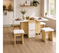 OUEEEDD Ensemble Table à Manger avec 4 Chaises, Table et Chaises Salle Manger, Table Cuisine Petit Espace, Table Pliante avec Chaise, Grand Espace de Rangement, 33cm - 120cm, Blanc + Chêne