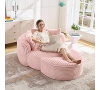 OUEEEDD Grand Fauteuil Cocooning avec Pouf, Fauteuil de Sol 1 Place en Velours Côtelé, Canapé Lounge sans Pieds avec 5 Coussins, Assise Moelleuse, Canapé Compressé pour Salon et Chambre, Rose