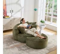 OUEEEDD Grand Fauteuil Cocooning avec Pouf, Fauteuil de Sol 1 Place en Velours Côtelé, Canapé Lounge sans Pieds avec 5 Coussins, Assise Moelleuse, Canapé Compressé pour Salon et Chambre, Émeraude