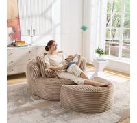 OUEEEDD Grand Fauteuil Cocooning avec Pouf, Fauteuil de Sol 1 Place en Velours Côtelé, Canapé Lounge sans Pieds avec 5 Coussins, Assise Moelleuse, Canapé Compressé pour Salon et Chambre, Marron