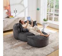 OUEEEDD Grand Fauteuil Cocooning avec Pouf, Fauteuil de Sol 1 Place en Velours Côtelé, Canapé Lounge sans Pieds avec 5 Coussins, Assise Moelleuse, Canapé Compressé pour Salon et Chambre, Gris