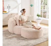 OUEEEDD Grand Fauteuil Cocooning avec Pouf, Fauteuil de Sol 1 Place en Velours Côtelé, Canapé Lounge sans Pieds avec 5 Coussins, Assise Moelleuse, Canapé Compressé pour Salon et Chambre, Beige
