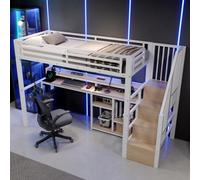 OUEEEDD Lit Mezzanine 90 x 200 cm pour Enfant et Adolescent, Échelle Caisson de Rangement, Ports USB/USB-C, Éclairage LED, Cadre Métallique, Barrières de Sécurité, Blanc