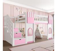 OUEEEDD Lit Mezzanine 90x200cm en Bois avec escalier de Rangement,Deux fenêtres- Design ludique,pour Chambre d'ado,Blanc+Rose