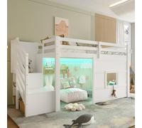 OUEEEDD Lit Mezzanine 90x200cm en Bois Blanc avec escalier de Rangement,fenêtre et éclairage LED-pour Chambre d'enfant ou ado,Blanc