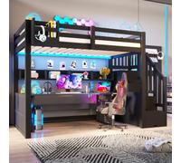 OUEEEDD Lit Mezzanine en Bois 90x200 cm avec Rangements Intégrés,Éclairage LED,Escalier avec Stockage et Penderie-Lit Mezzanine 1 Place Adolescent Gain de Place,Noir