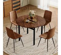 OUEEEDD Table Ronde avec 4 Chaises, Ensemble Table et 4 Chaises de Salle à Manger, Table à Manger 100 cm avec Plateau en Verre et Étagère de Rangement, Chaises en Tissu Technique Marron