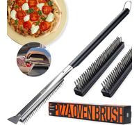 OUII Brosse pour four à pizza de 66 cm avec grattoir à pierre - Comprend 3 têtes de brosse, poils en acier inoxydable résistants à la chaleur - Long manche à prise en main, compatible avec les fours