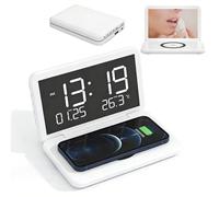 Ouitble Réveil Numérique avec Station de Charge Horloge de Chevet Pliable 4 en 1 avec Thermomètre à Chargeur sans Fil 15 W, Réveil de Charge sans Fil, Affichage Miroir LED pour Voyager (Blanc)
