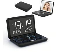 Ouitble Réveil Numérique avec Station de Charge Horloge de Chevet Pliable 4 en 1 avec Thermomètre à Chargeur sans Fil 15 W, Réveil de Charge sans Fil, Affichage Miroir LED pour Voyager (Noir)