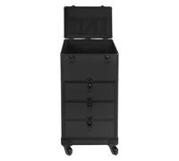 OUKANING Mallette de maquillage professionnelle à roulettes, avec serrure, 3 tiroirs et poignée télescopique, en aluminium, résistante aux chocs, avec 4 roues, pour maquilleur, voyage, salon, noir