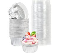 OUKEYI - 50 moules à cupcakes avec couvercles, 50 pièces, 140 ml 5 oz, moules à muffins jetables en aluminium avec couvercles, contenants pour crème brûlée (argent)