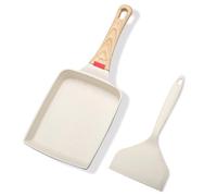 OulQinyhome Poêle à Tamagoyaki en Aluminium Antiadhésive - Poêle à Omelette Japonaise Rectangulaire avec Revêtement et Poignée Amovible - Poêle à Frire avec Spatule en Silicone (Beige, 18.5x15 cm)