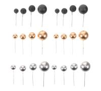 OUNONA 32 décorations pour gâteaux en forme de boules - Mini ballons sur bâtonnets - Boules en mousse pour cupcakes, décorations pour mariages, anniversaires (Or, Noir, Argent)