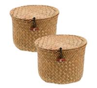 OUNONA Lot de 2 paniers en jonc de mer avec couvercle : organisateur de bureau décoratif pour étagère - Panier de rangement en rotin pour bijoux, bonbons, en-cas, clés - Boîtes tressées de style