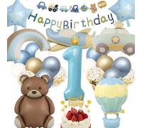 Ours Bébé Kit Déco 1, Kit Fête 1 An Bleu avec Banderole Happy Birthday, Voiture, Avion, Arc-en-Ciel, Ballons Bleu et Or, Décoration Fête Ours, Décoration Bébé pour Garçon