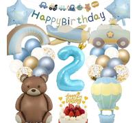 Ours Bébé Kit Déco 2, Kit Fête 2 An Bleu avec Banderole Happy Birthday | Voiture, Avion, Arc-en-Ciel, Ballons Bleu et Or, Décoration Fête Ours, Décoration Bébé pour Garçon