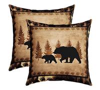 Ours Lot De 2 Taie d'oreiller 50x50cm Wild Animaux Taie Oreiller Pour Canapé Village Cabin Pays Nature Animaux sauvages Ours Arbres Jaune Brun Décor Housse Coussin Extérieur Housse de Coussin