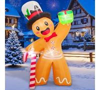 OurWarm Décoration de Noël Gonflable de 1,8 m avec LED, Pain d'épices Gonflable avec boîte Cadeau et Canne à Sucre d'orge pour intérieur ou extérieur, pelouse, Jardin