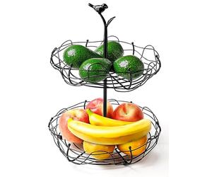 Ouseen Corbeille à fruits à 2 étages avec motif nid d'oiseau - Charmante poignée d'oiseau, organisateur multifonction pour fruits et légumes pour comptoir de cuisine et table, mélange parfait de style