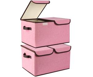 OUSFOT Boite Rangement Tissu 30L 2 Pièces, Boite Rangement Vetement avec 2 Couvertures, Pliable avec Cloison Amovible Rose Pour les Vêtements, Jouets, Livres