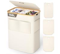 OUSFOT Panier à linge 3 Compartiments avec Couvercle 158L Corbeille a linge pliable en Tissu Oxford 600D avec Sac à linge amovible, Poche avant en tissu, Bac a linge Laundry baskets, Beige