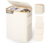 OUSFOT Panier à linge 3 Compartiments avec Couvercle 158L Corbeille a linge pliable en Tissu Oxford 600D avec Sac à linge amovible, Poche en filet à l'arrière Bac a linge Laundry baskets, Beige