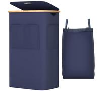 OUSFOT Panier à Linge avec Couvercle, 105L Grand Corbeille à Linge avec Poignées en Bambou, Bac à Linge en Tissu 600D Oxford Imperméable avec sac Amovible pour Buanderie Chambre à coucher Salon, Bleu