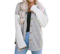 OUSIMEN Manteaux décontractés à capuche pour femme - Manches longues - Chemises boutonnées - Automne et hiver, Gris/blanc, L