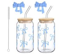 OUTALIZ Verre avec Couvercle et Paille, 2 Gobelet en Verre 500ml, Verres à Boire en Forme de Nœud, Ensemble de Tasses en Verres avec Brosse de Nettoyage, pour Café Glacé, Aière, Thé, Coca, Jus (Bleu)
