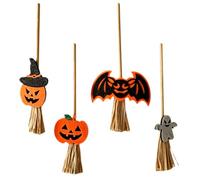 Outanaya 4 Pièces Balai de Sorcière Halloween en Bois et Tissu avec Décorations Citrouille et Chauve-souris, pour Fête D'halloween et Activités Créatives en Classe