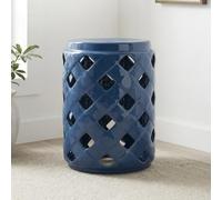 Outdoor Ceramic Garden Stool, Glazed Porcelain Accent Seat Openwork Design | Diamond Cutout Drum Side Table, Decorative Plant Stand for Patio, Garden, Balcony, Living Room Decor