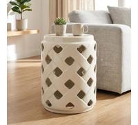 Outdoor Ceramic Garden Stool, Glazed Porcelain Accent Seat Openwork Design | Diamond Cutout Drum Side Table, Decorative Plant Stand for Patio, Garden, Balcony, Living Room Decor