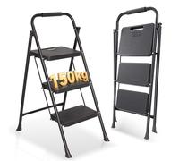 OUTIGO Escabeau 3 Marches Pliable - Petit Escabeau Fait en Acier Alliage, Marches Antidérapantes, Épaisseur Pliée 4,7 cm, Charge 150 kg, sans Montage - pour Cuisine, Garage & Bureau