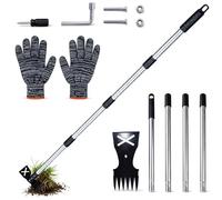 Outil de désherbage - Outil de désherbage 2 en 1 à long manche, réglable de 40 à 148 cm, outil de désherbage robuste pour pelouse, cour et jardin, ensemble de râteau et houe ergonomique avec gants