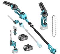 Outil de jardin 6 en 1 : scie élagage électrique, manche télescopique de 2,4 m, taille-haie, coupe-buissons, désherbeur, 2 batteries de 4,0 Ah