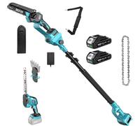 Outil de jardin électrique - 6 en 1 - Élagueur - Tondeuse à haies - Télémètre avec manche télescopique de 2,4 m - 2 batteries de 2,0 Ah
