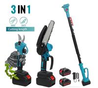 Outil de jardin télescopique 3-en-1 : cisaille élagage électrique de 40 mm - scie à chaîne de 15 cm - pour l'élagage en hauteur - compatible avec batterie 21 V