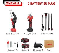 Outil de jardinage 3-en-1 - Tronçonneuse télescopique sans fil / élagueuse et sécateur - Kit de 2 batteries 18 V - 3 500 W - Longueur de coupe de 25 cm - Tête réglable à 180° - Braun